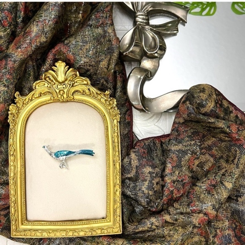 Vintage Peacock Brooch Pin Rhinestones Enamel Silver Green Blue 2.25” Long